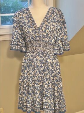 Max Studio Blue and White Floral Wrap Midi Dress